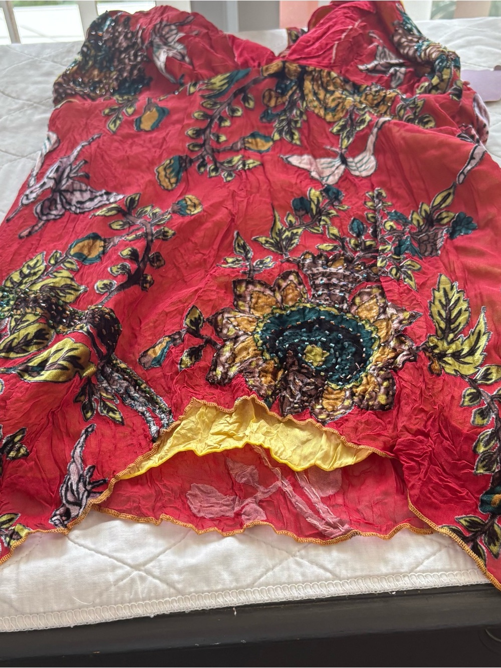 Hale Bob Red Floral Crinkle Sleeveless Top with Yellow Accents